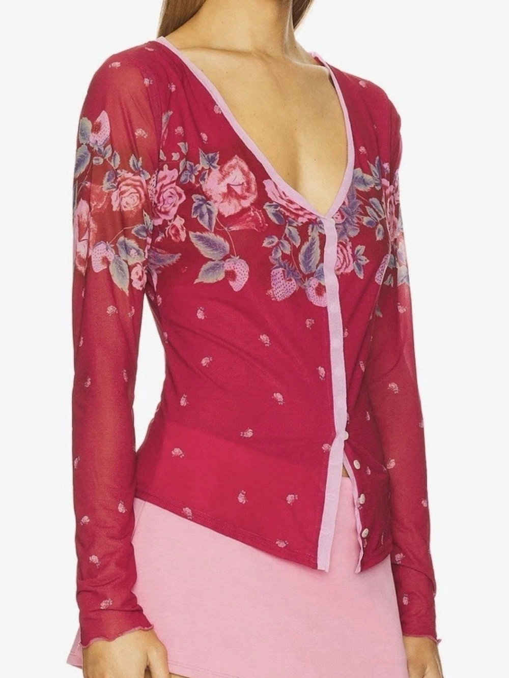 Free People x Revolve Small Top Raspberry Floral Sheer Button Long-Sleeve Top - Picture 2 of 12
